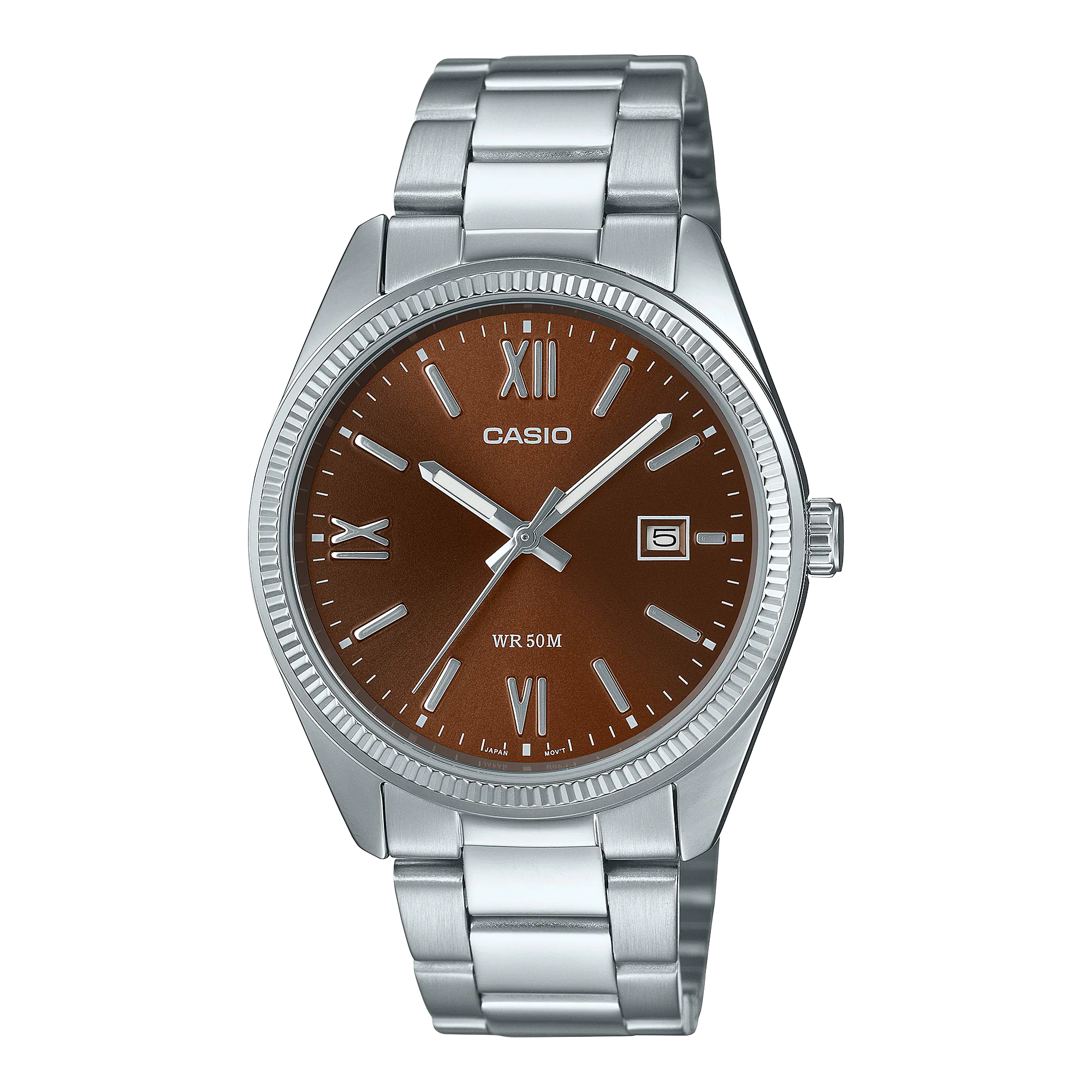 CASIO Standard รุ่น MTP-1302DD-5AVDF จอสีช็อคโกแลต chacolate น้ำตาลเข้ม สาย สีเงิน สายสแตนเลส สินค้าใหม่ ของแท้ รับประกันศูนย์ CMG