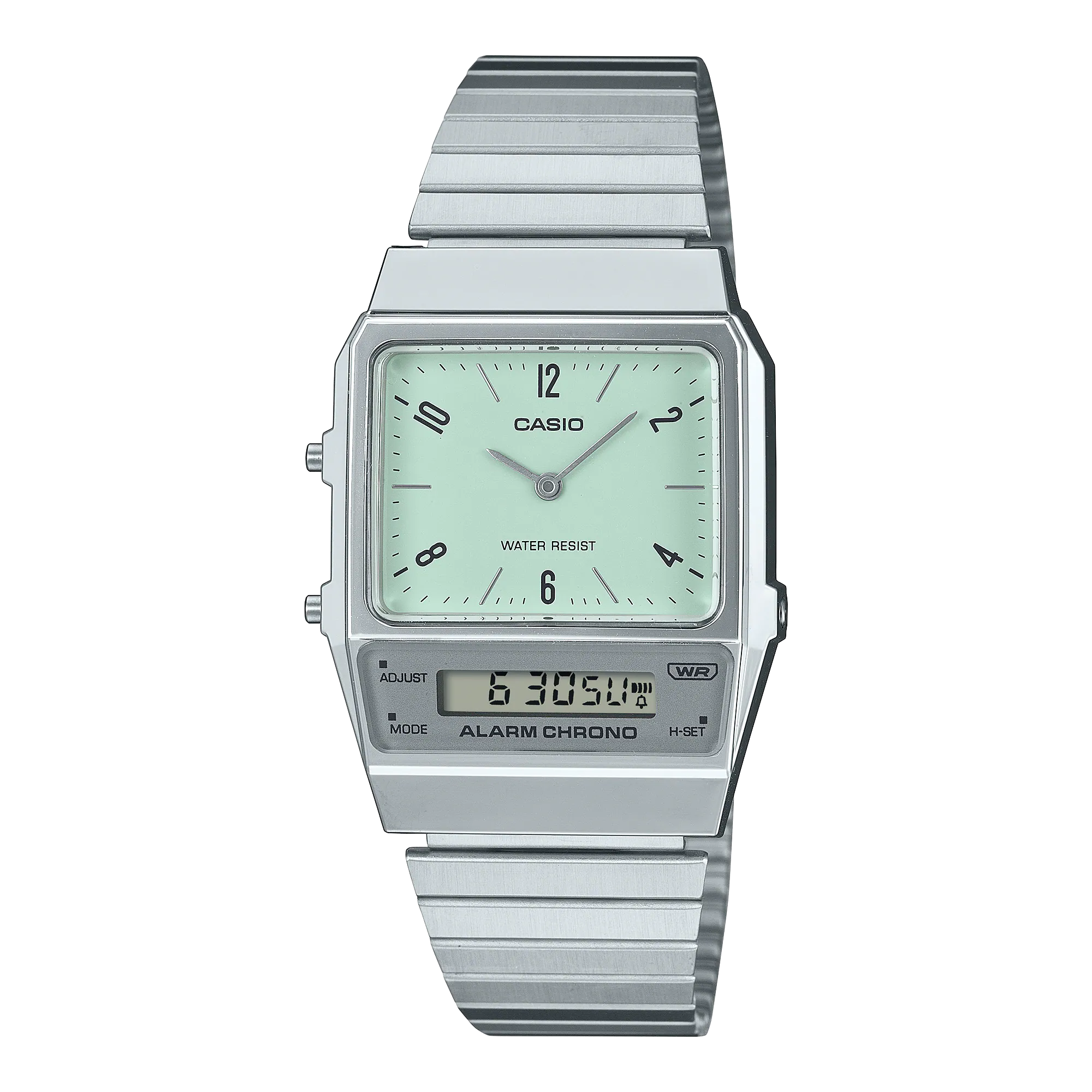 Casio นาฬิกาข้อมือ Classic รุ่น AQ-800E-3ADF สีเงิน หน้าปัดเขียวอ่อนๆ ตัวเลข ระบบ เข็มเเละดิจิตอล สินค้าของเเท้ รับประกันศูนย์ CMG