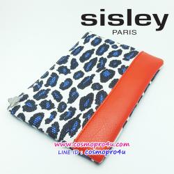 กระเป๋างซิสเล่ SISLEY กระเป๋าหนังลายเสือดาวสีน้ำเงินดำบนพื้นขาว ซิบและขอบล่างสีส้ม ภายในซับในลายดอกไม้ สวยเก๋ ขนาด 8.5x6 นิ้ว