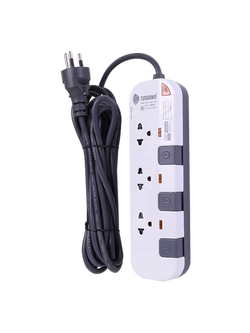 P3375-5M ปลั๊กพ่วง Toshino รางปลั๊กไฟ P Series รุ่น P3375 ยาว 5 เมตร 3ช่อง 3 สวิตซ์ 5เมตร 250V 10A 2500W ระบบ Surge Protection ป้องกันไฟกระชาก Circuit Breaker ป้องกันไฟเกิน ผลิตจากวัสดุไม่ลามไฟ ม่านนิรภัย ป้องกันนิ้วมือสัมผัสทองเหลืองด้านใน ไฟแสดงสถานะการ