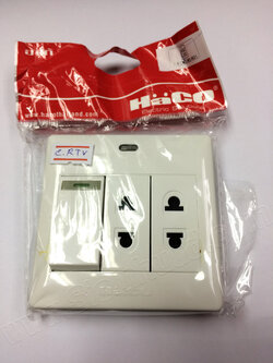 สวิทช์ทางเดียว 1 ช่อง + เต้ารับ 2 ขา 2ช่อง+ 16แอมป์ หร้อมกล่องหน้ากากลอย (HACO) M3-R21 (รุ่นไหม่ รหัส M3N)