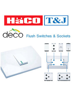สวิตช์กด สวิตช์หิ่งห้อย สวิตช์เปิดมีไฟ สวิทช์กระดิ่ง สวิตช์หรี่ไฟ เต้ารับเดี่ยวเต้ารับคู่ เต้ารับคอมพิวเตอร์ เต้ารับโทรศัพท์ ไพล็อตแล้มป์ SWITCH, DIMMER SWITCH, PILOT LAMP, RECEPTABLE, COVER PLATE (HACO) รุ่น deco series