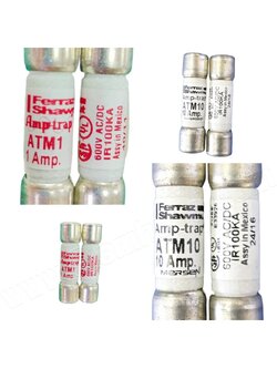 ฟิวส์ ATM series Fast-Acting Midget Fuses (Ferraz Shawmut, MERSEN) ATM series Volts: 600VAC / DC, Amps: 1/10 to 30A (35 to 50A AC only)