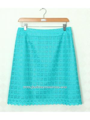 SK-332 กระโปรงทรงเอ ผ้าลูกไม้สีฟ้าเข้มอมเขียว ชายกระโปรงเป็นเชิงลูกไม้