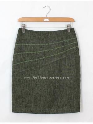 SK-424 กระโปรงแฟชั่น&ทำงาน ทรงสอบ ปักลายก้างปลา ผ้าคอตต้อนลินินไอริสสีเขียว