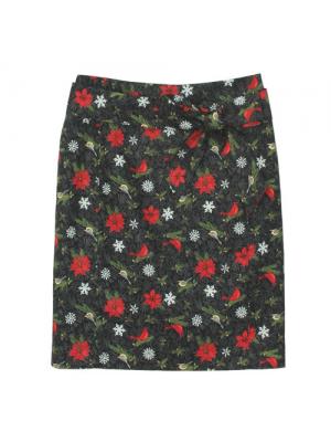 SK-337 กระโปรงแฟชั่น&ทำงาน ทรงสอบ ผ้าคอตต้อนญี่ปุ่นพิมพ์ลายดอกไม้และนก โทนสีเข้ม พร้อมโบว์คาดเอว