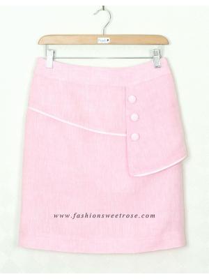 SK-314 กระโปรงทรงเอ ผ้าลินินญี่ปุ่นสีชมพู แต่งกุ้นระบายด้วยผ้าลายสก๊อต