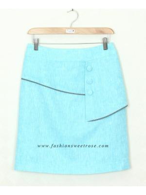 SK-313 กระโปรงทรงเอ ผ้าลินินญี่ปุ่นสีฟ้า แต่งกุ้นระบายด้วยผ้าลายสก๊อต