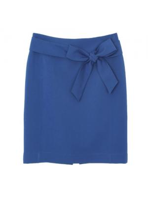 SK-335 กระโปรงแฟชั่น&ทำงาน ทรงสอบ ผ้าไหมอิตาลีสีฟ้าน้ำทะเล พร้อมโบว์คาดเอว