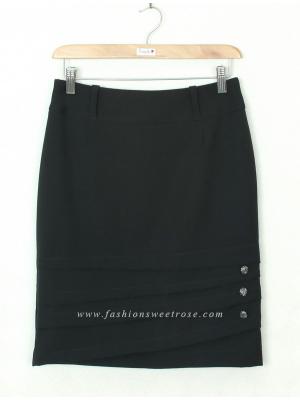 กระโปรงแฟชั่น&ทำงาน กระโปรงทรงสอบ ผ้าสลาฟญี่ปุ่นสีดำ ชายกระโปรงตีเกร็ดแต่งด้วกระดุม / SK-352