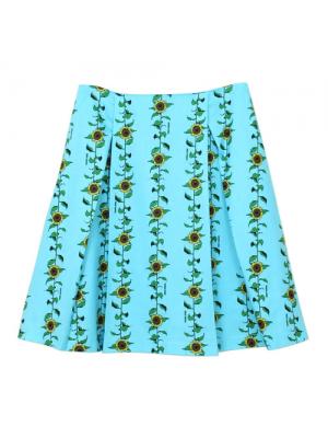 SK-346 กระโปรงแฟชั่น&ทำงาน ทรงบาน ผ้าคอตต้อนญี่ปุ่นพิมพ์ลายดอกทานตะวันพื้นสีฟ้า