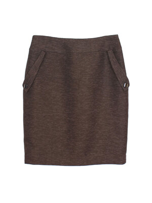 SK-463 กระโปรงทรงสอบ ผ้า CHANEL สีน้ำตาลเข้ม แต่งด้วยกระดุมหรู