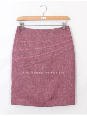 SK-422 กระโปรงแฟชั่น&ทำงาน ทรงสอบ ปักลายก้างปลา ผ้าคอตต้อนลินินไอริสสีชมพู