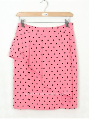 SK-301 กระโปรงแฟชั่น&ทำงาน ทรงสอบ ผ้า High-Twist สีชมพูพิมพ์ลาย Polka Dot จุดดำ
