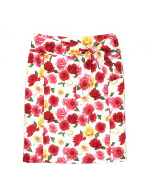 SK-338 กระโปรงแฟชั่น&ทำงาน ทรงสอบ ผ้าคอตต้อนญี่ปุ่นพิมพ์ลายดอกกุหลาบแดง ชมพู เหลือง พื้นขาว พร้อมโบว์คาดเอว