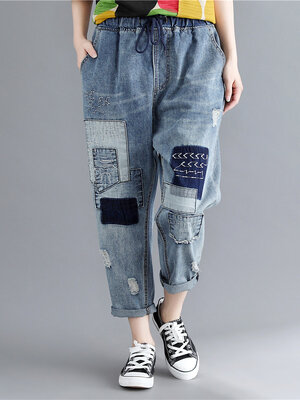 JPNT-010 กางเกงยีนส์ขายาว 5 ส่วน แต่งเซอร์ๆๆปะด้วยผ้าลายสวยงาม เอวยางยืด เนื้อผ้านิ่มไม่หนา