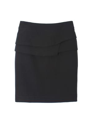 SK-468 กระโปรงทรงสอบ ผ้า Double Twist สีดำ แต่งผ้าซ้อน 3 ชิ้น