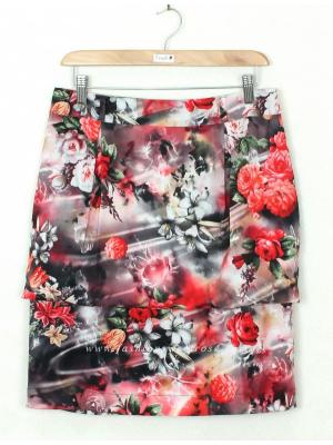 SK-321 กระโปรงแฟชั่น&ทำงาน ทรงสอบ ผ้าไหมอิตาลีพิมพ์ลายดอกกุหลาบแดง ตัวกระโปรงซ้อนกัน 2 ชั้น