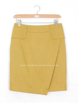 กระโปรงแฟชั่น&ทำงาน กระโปรงทรงสอบผ้าคอตต้อนลินินไอริสสีเหลืองมาสตาส ด้านหน้ากระโปรงดีไซน์ตัดต่อดูเรียบหรู / SK-428