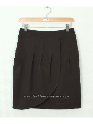 SK-364 กระโปรงทรงสอบ ผ้าไหมอิตาลีสีน้ำตาลเข้ม ด้านหน้ากระโปรงจับจีบทวิช