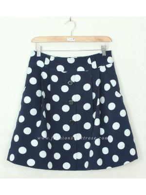 SK-298 กระโปรงแฟชั่น&ทำงาน ทรงบาน ผ้าไหมอิตาลีพิมพ์ลาย Polka Dot จุดขาวพื้นน้ำเงิน มีกระเป๋าล้วงได้ 2 ข้าง