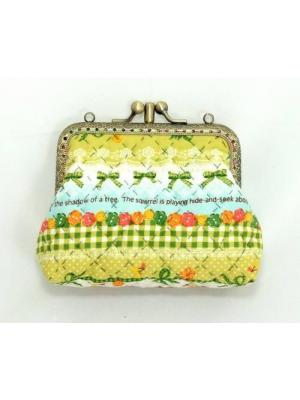 QLT-008 กระเป๋าปิ๊กแป๊กแบบ 2 ช่อง ใส่เหรียญและธนบัตร ผ้าลายโบว์และกระดุมโทนเขียว