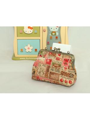 QLT-014 กระเป๋าปิ๊กแป๊กแบบ 2 ช่อง ใส่เหรียญและธนบัตร ผ้าลายแสตมป์แนววินเทจ