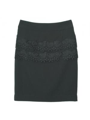 SK-348 กระโปรงแฟชั่น&ทำงาน ทรงสอบ ผ้าสลาฟญี่ปุ่นสีดำ ตัดต่อ 2 ชั้นด้วยผ้าลูกไม้สีดำ