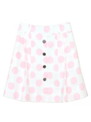 SK-287 กระโปรงแฟชั่น&ทำงาน ทรงบาน ผ้าคอตต้อนญี่ปุ่นพิมพ์ลาย Polka Dot จุดชมพูพื้นขาว มีกระเป๋าล้วงได้ 2 ข้าง