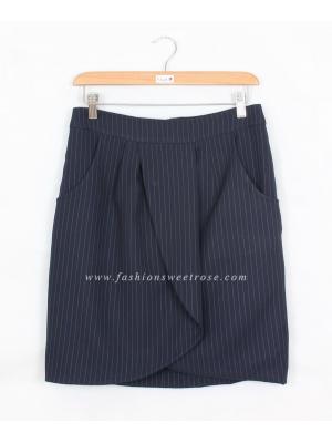 SK-417 กระโปรงทรงเอ ผ้าโพลีเอสเตอร์สีน้ำเงิน เป็นกระโปรงป้ายมีกระเป๋าล้วง 2 ข้าง