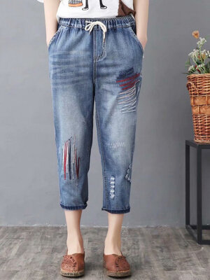 JPNT-006 กางเกงยีนส์ขายาว 5 ส่วน ปักลาย Graphic ดูเท่ห์ เอวยางยืด เนื้อผ้านิ่มไม่หนา