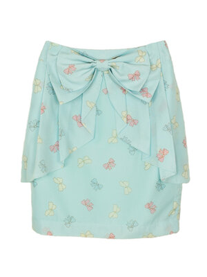 SK-176 กระโปรงแฟชั่น&ทำงาน ผ้าหางกระรอกพิมพ์ลายโบว์สีฟ้า มีโบว์ซ้อนกัน 2 ชั้น