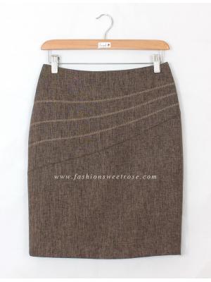 SK-423 กระโปรงแฟชั่น&ทำงาน ทรงสอบ ปักลายก้างปลา ผ้าคอตต้อนลินินไอริสสีน้ำตาล