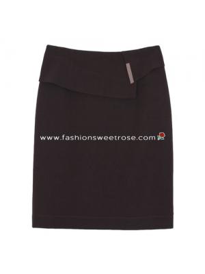กระโปรงแฟชั่น&ทำงาน ทรงสอบ ผ้าไหมอิตาลีสีน้ำตาลเข้ม ตัดแต่งด้วยผ้า 2 ชิ้น / SK-277