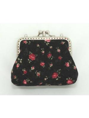 QLT-009 กระเป๋าปิ๊กแป๊กแบบ 2 ช่อง ใส่เหรียญและธนบัตร ผ้าลายดอกกุหลาบเล็กๆพื้นดำ