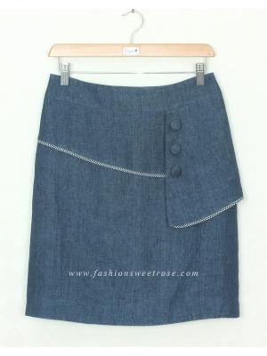 SK-315 กระโปรงทรงเอ ผ้าลินินญี่ปุ่นสียีนส์ แต่งกุ้นระบายด้วยผ้าลายสก๊อต