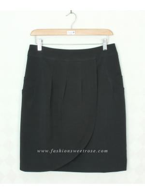 SK-359 กระโปรงแฟชั่น&ทำงาน ทรงสอบ ผ้าไหมอิตาลีสีดำ ด้านหน้ากระโปรงจับจีบทวิช Detail สวย