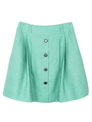 SK-193 กระโปรงแฟชั่น&ทำงาน ทรงบาน ผ้าลินินญี่ปุ่นสีเขียวพาสเทล มีกระเป๋าล้วงได้ 2 ข้าง