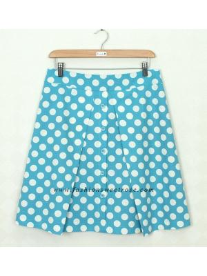 SK-317 กระโปรงแฟชั่น&ทำงาน ทรงบาน ผ้าคอตต้อนลินินญี่ปุ่นพิมพ์ลาย Polka Dot พื้นฟ้าจุดขาว