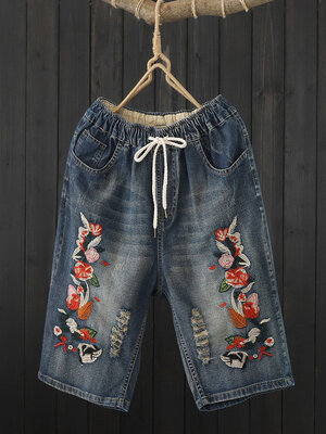 JPNT-002 กางเกงยีนส์ ปักลายดอกไม้สีส้ม ใส่สบายด้วยเอวยางยืด