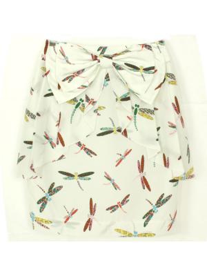 SK-164 กระโปรงแฟชั่น&ทำงาน ผ้าหางกระรอกพิมพ์ลายแมลงปอพื้นขาว มีโบว์ซ้อนกัน 2 ชั้น