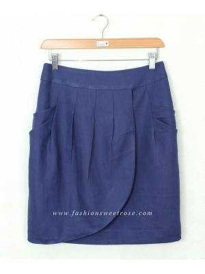 SK-363 กระโปรงทรงสอบ ผ้าลินินสีน้ำเงินคราม ด้านหน้ากระโปรงจับจีบทวิช