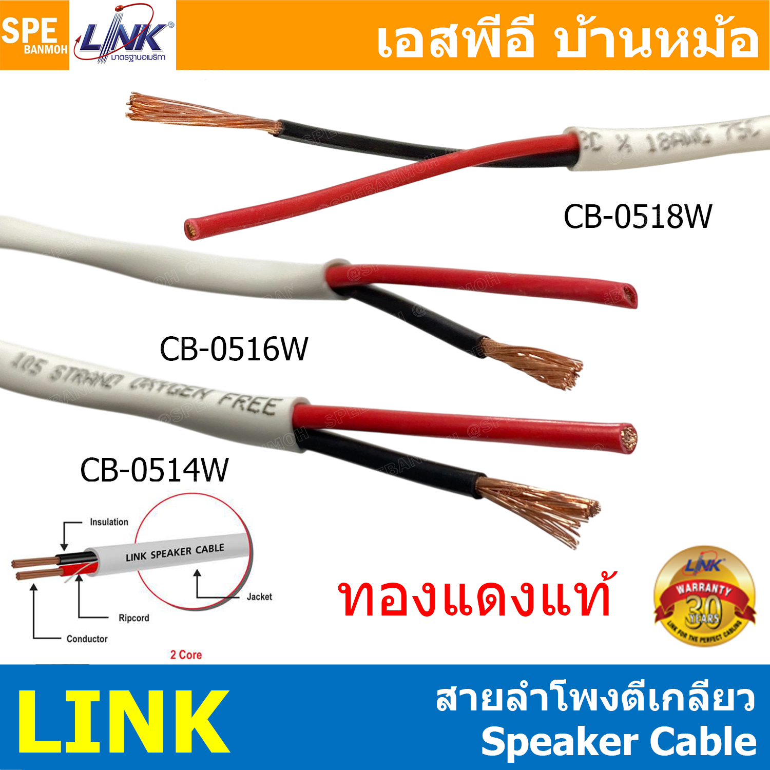 [ 1 เมตร ] CB-0518W CB-0516W CB-0514W Link สายลำโพงตีเกลียว Speaker Cable OFC Stranded Oxygen free Copper ทองแดงแท้ 18AWG 16AWG 14AWG เกรดทองแดงบริสุทธิ สายลำโพง สำหรับ Amplier และ Speaker ลิ้งค์ ทองแดงฝอย สำหรับงานระบบ PA สายลำโพงบ้าน สายลำโพง PA