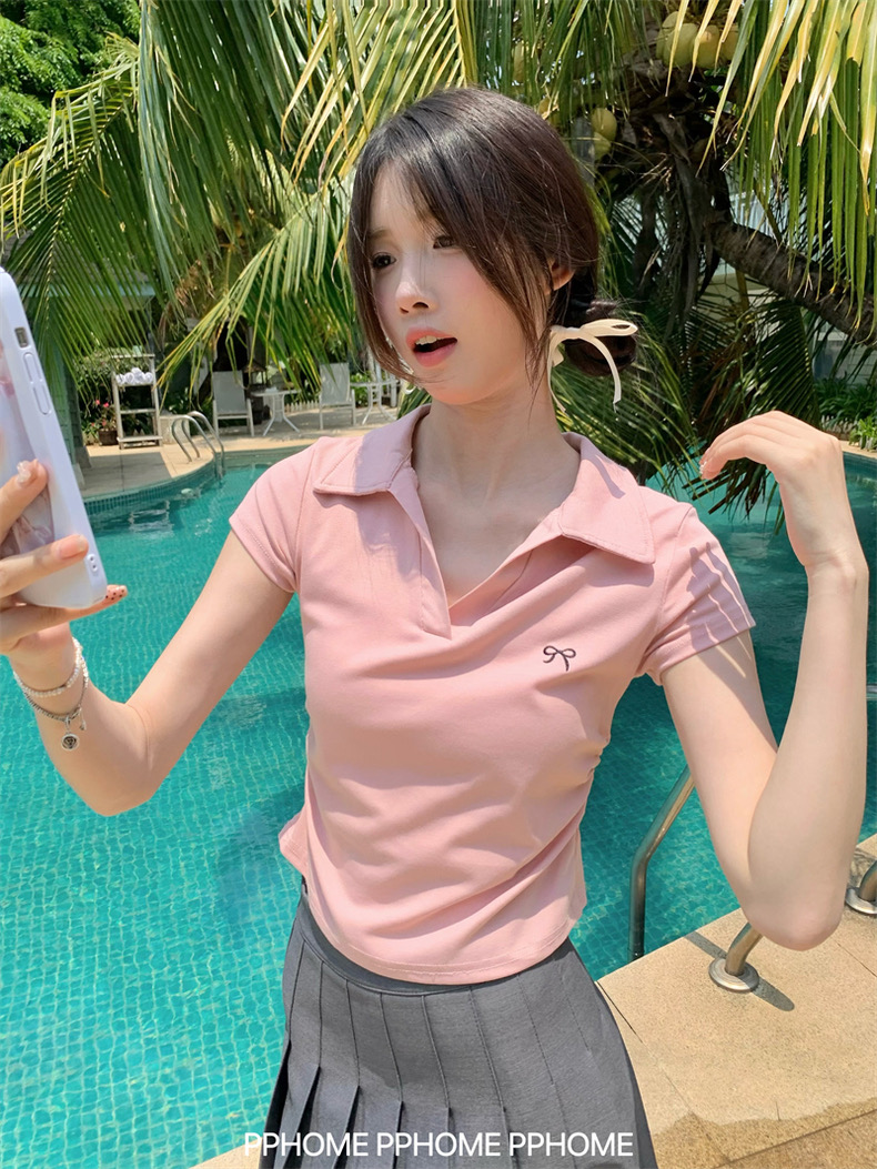 Ribbon crop tee เสื้อยืดคอปกโปโล