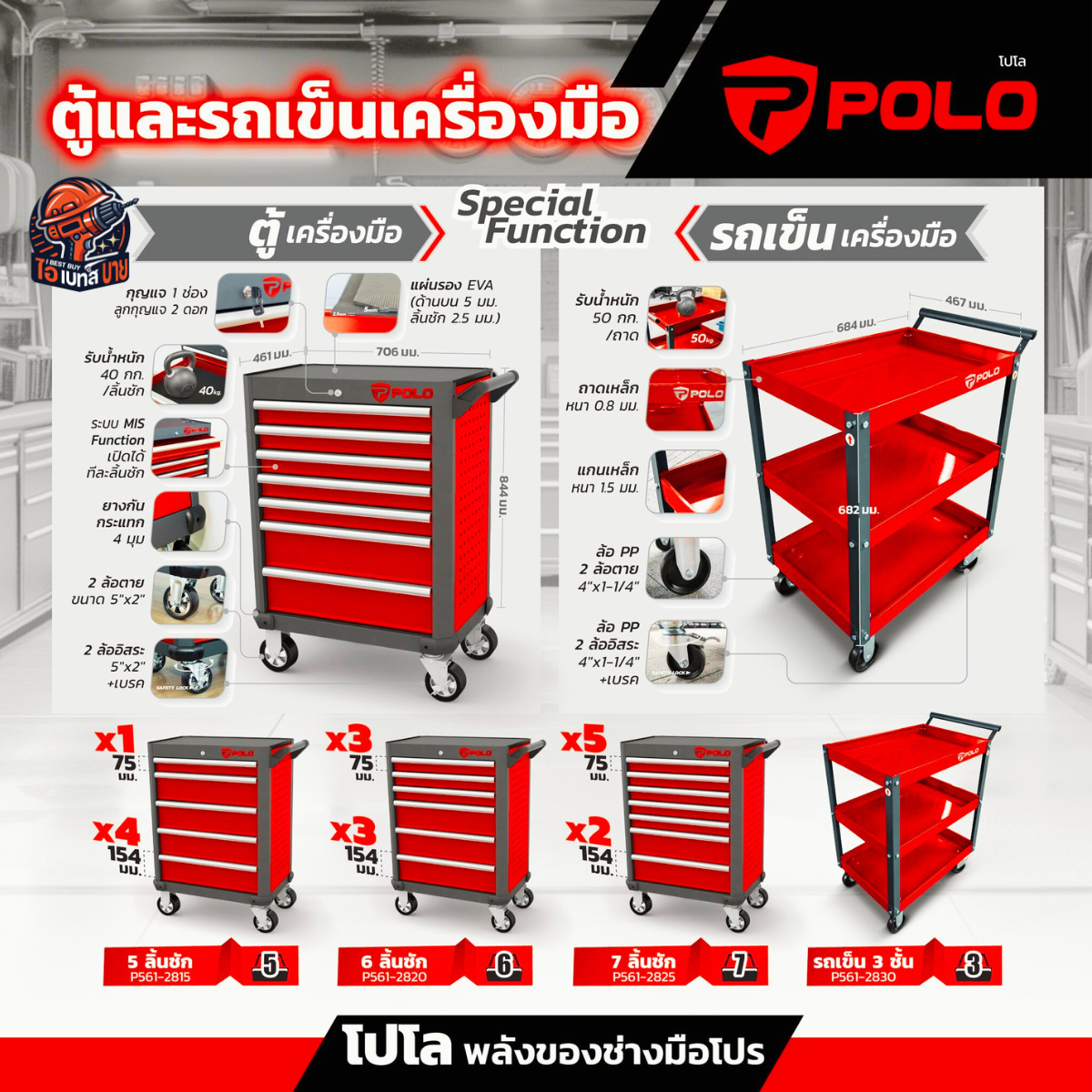 POLO ตู้เปล่าใส่เครื่องมือ, ตู้เครื่องมือ 5, 6, 7 ลิ้นชัก (สินค้ามีตัวเลือก)