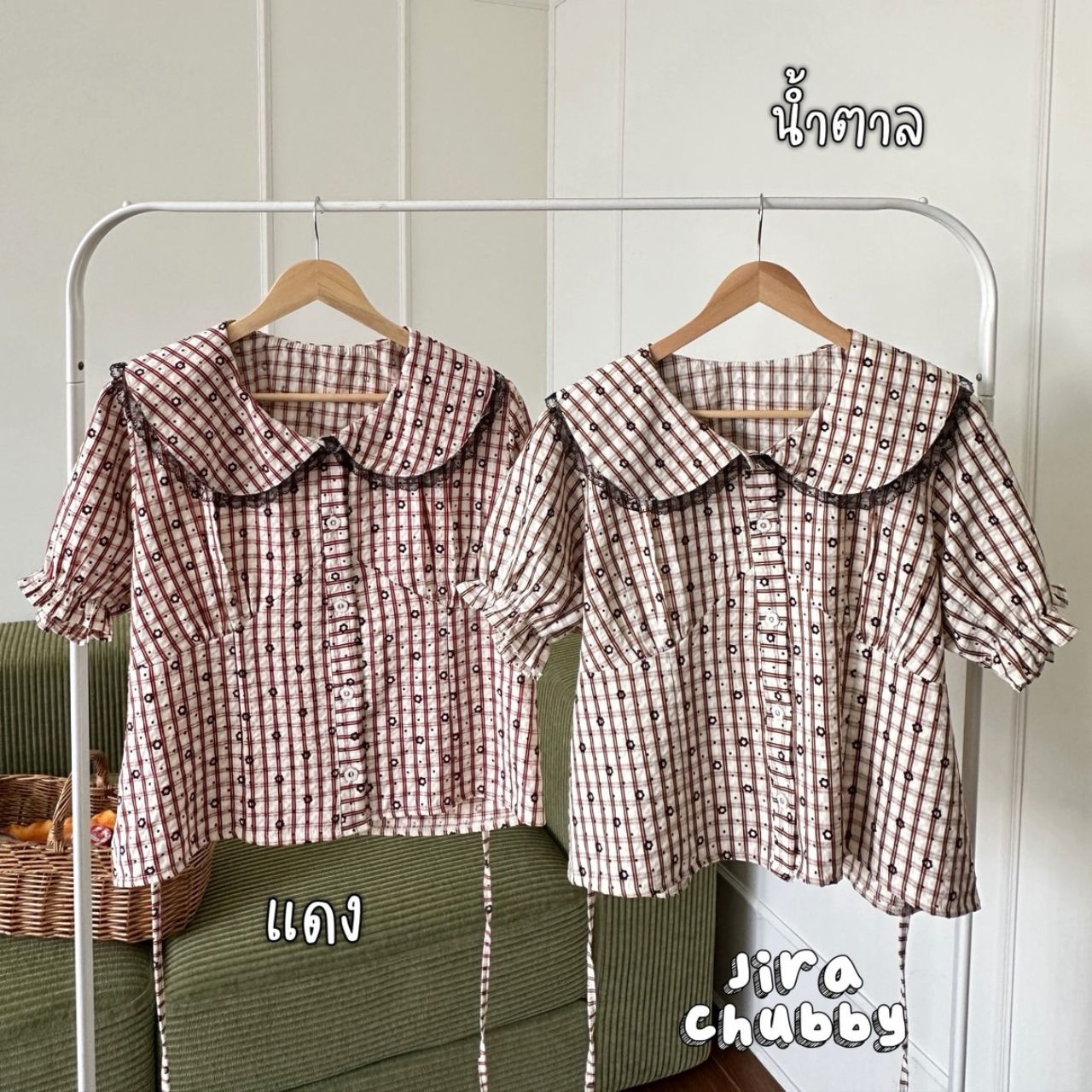 J185 เสื้อคอบัว แขนตุ๊กตาแต่งลูกไม้ ตัวเสื้อผ้าลายดอก แดง น้ำตาล อก48นิ้ว หน้าผ้า50นิ้ว