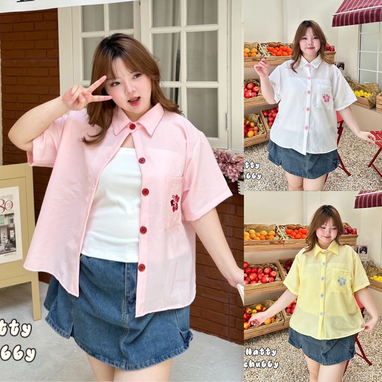 J131 เสื้อเชิ้ต สาวอวบ กระเป๋าเสื้อปักดอกชบา ขาว ชมพู เหลือง อกได้ถึง 48 นิ้ว (หน้าผ้า50นิ้ว)