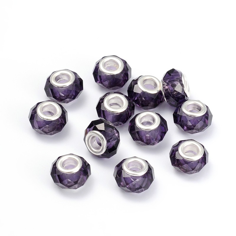 ลูกปัดแก้วยุโรปรูใหญ่ขอบตัด แกนเงินนิกเกิ้ลขนาด 14x8mm สีม่วง 10 เม็ด