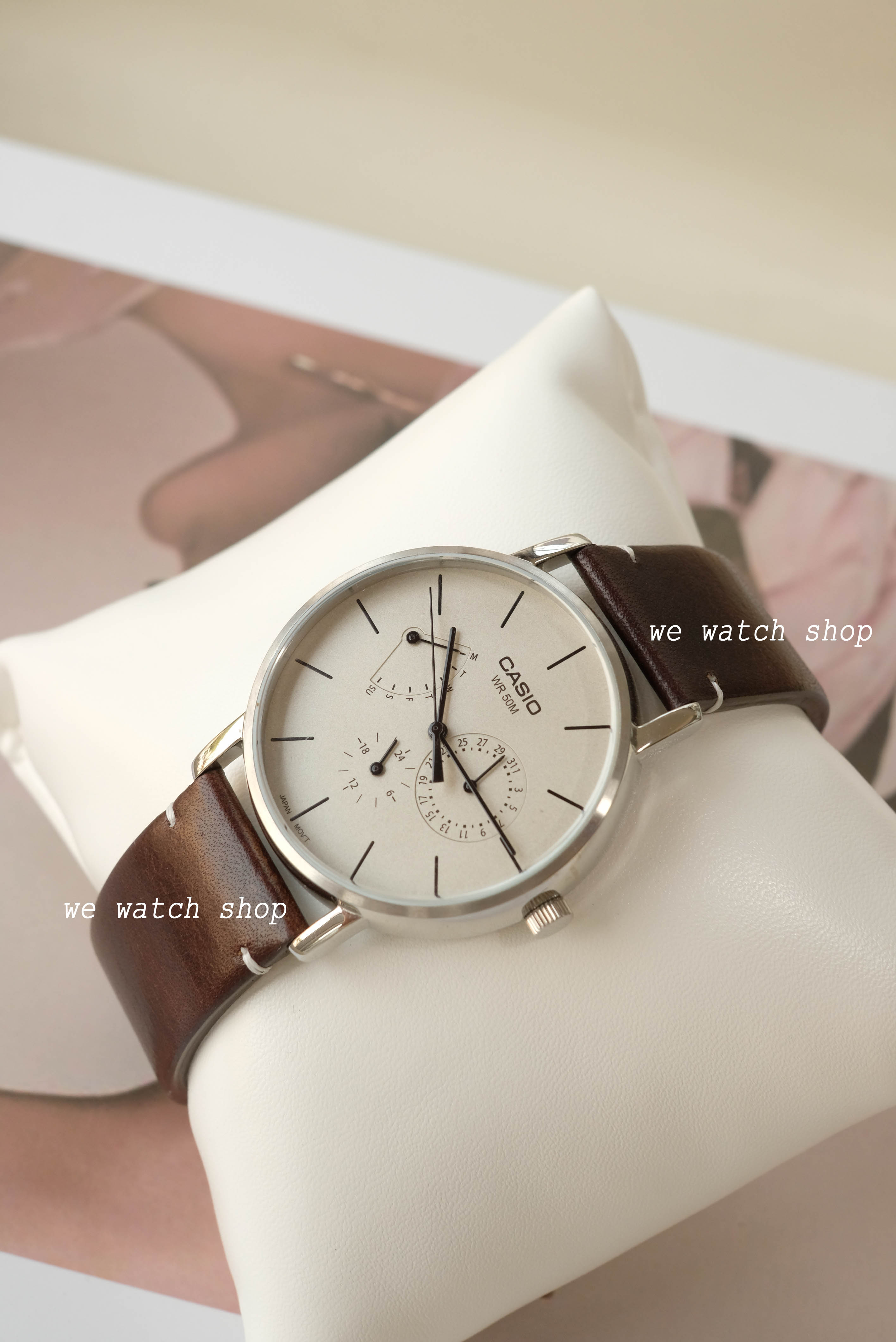 CASIO รุ่น MTP-E320L-5EVDF หน้าปัดขาวครีม สายหนังเเท้ สีน้ำตาล สินค้าของเเท้ รับประกันศูนย์ CMG