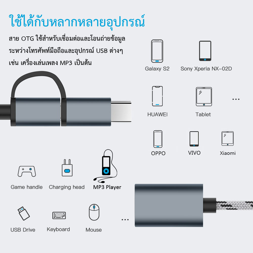 สาย OTG โหลดเพลง MP3 จากมือถือลงเครื่องเล่นเพลง MP3 โดยตรง ไม่ง้อคอม!! FAST 2 in 1 Micro / Type-C OTG CABLE TO USB 3.0